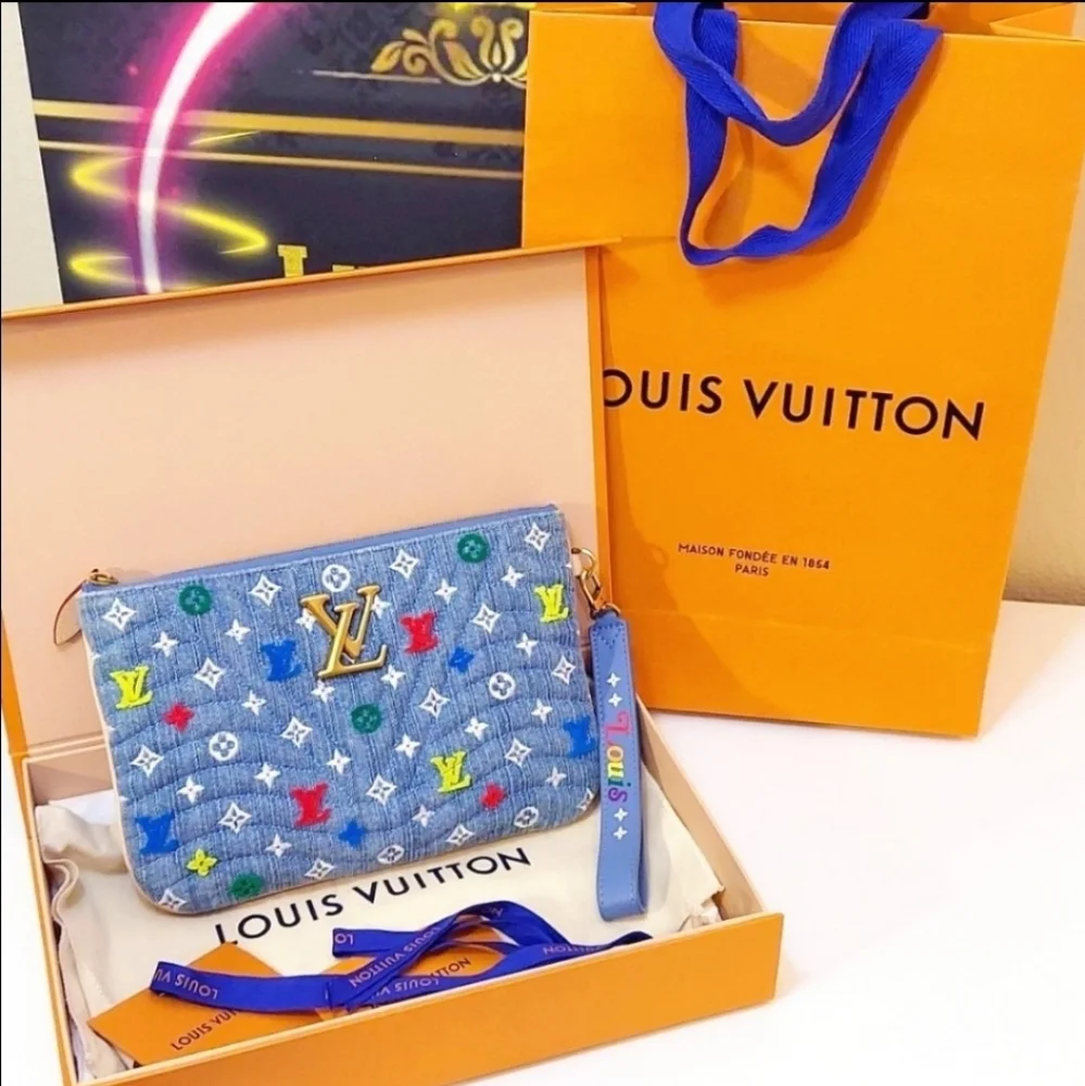 Louis Vuitton New Wave Denim Monogram Wristlet Pouch Multicolor